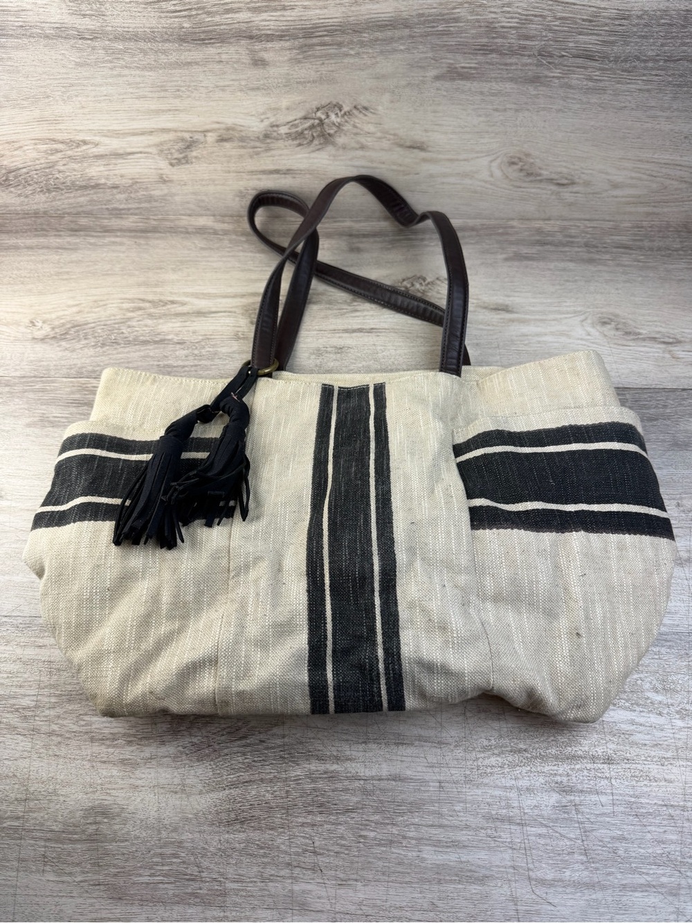 Lucky Brand Cora Fabric Tote Cream Black Stripes Bohemian Tassels 11"x6.5"x14”